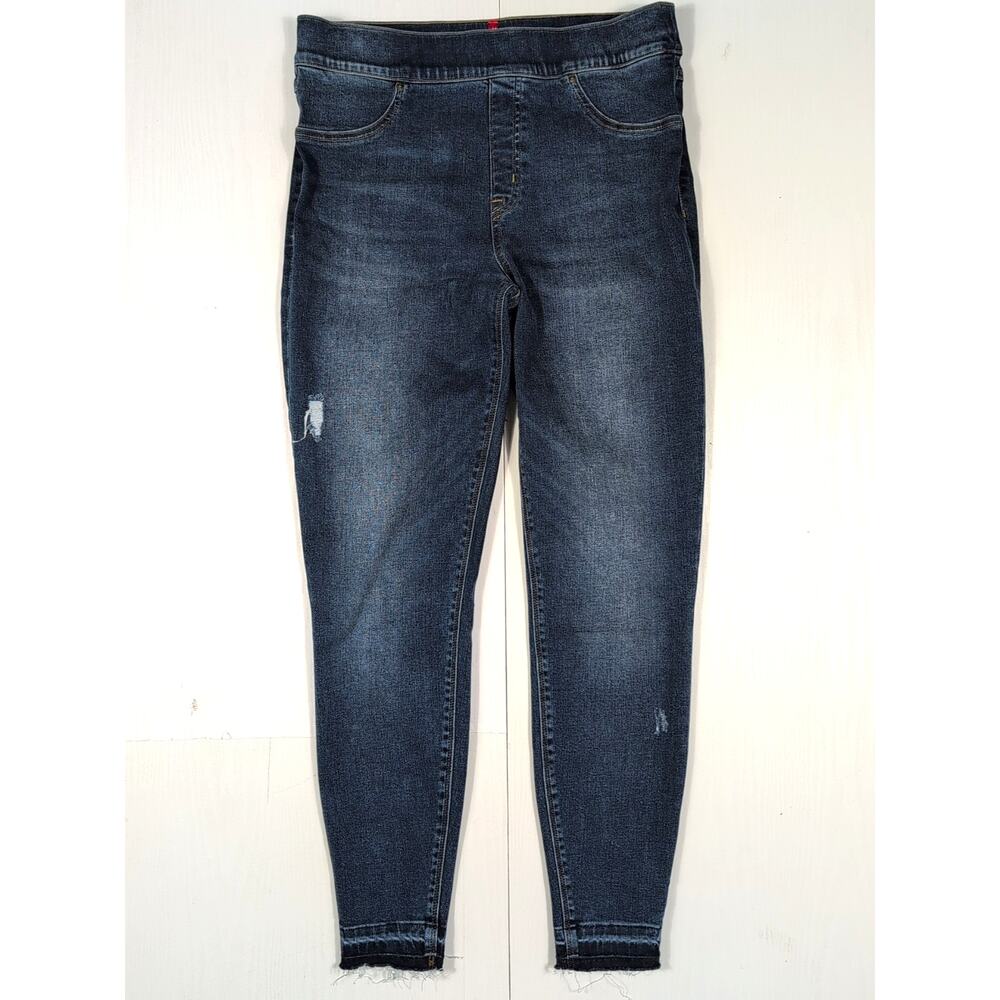 Spanx Women’s L Blue Pull-On Skinny Jegging Jeans Distressed Raw Hem Ankle